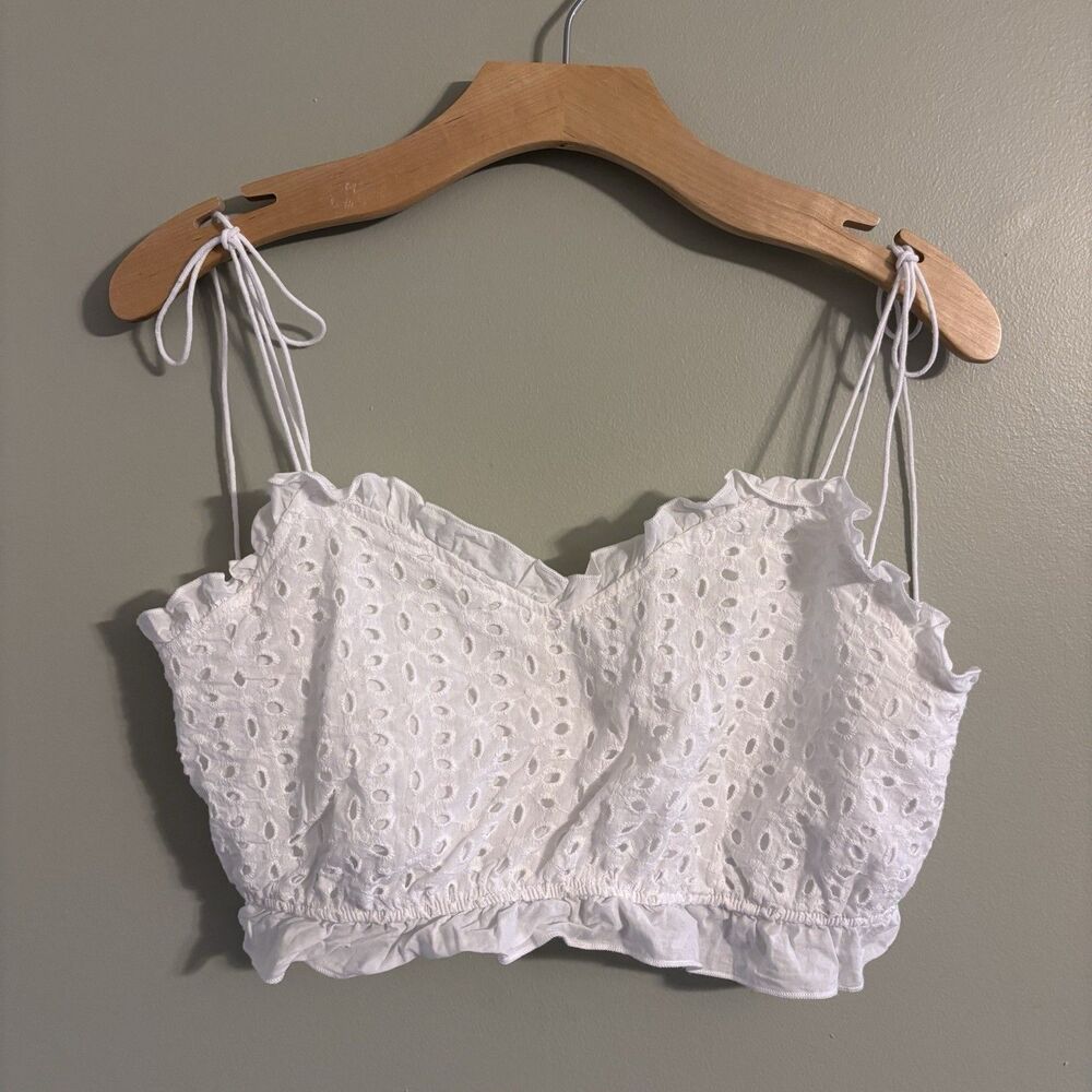 White Eyelet Lace Crop Tank Top Ruffle Boho Festival Fairy Size Large